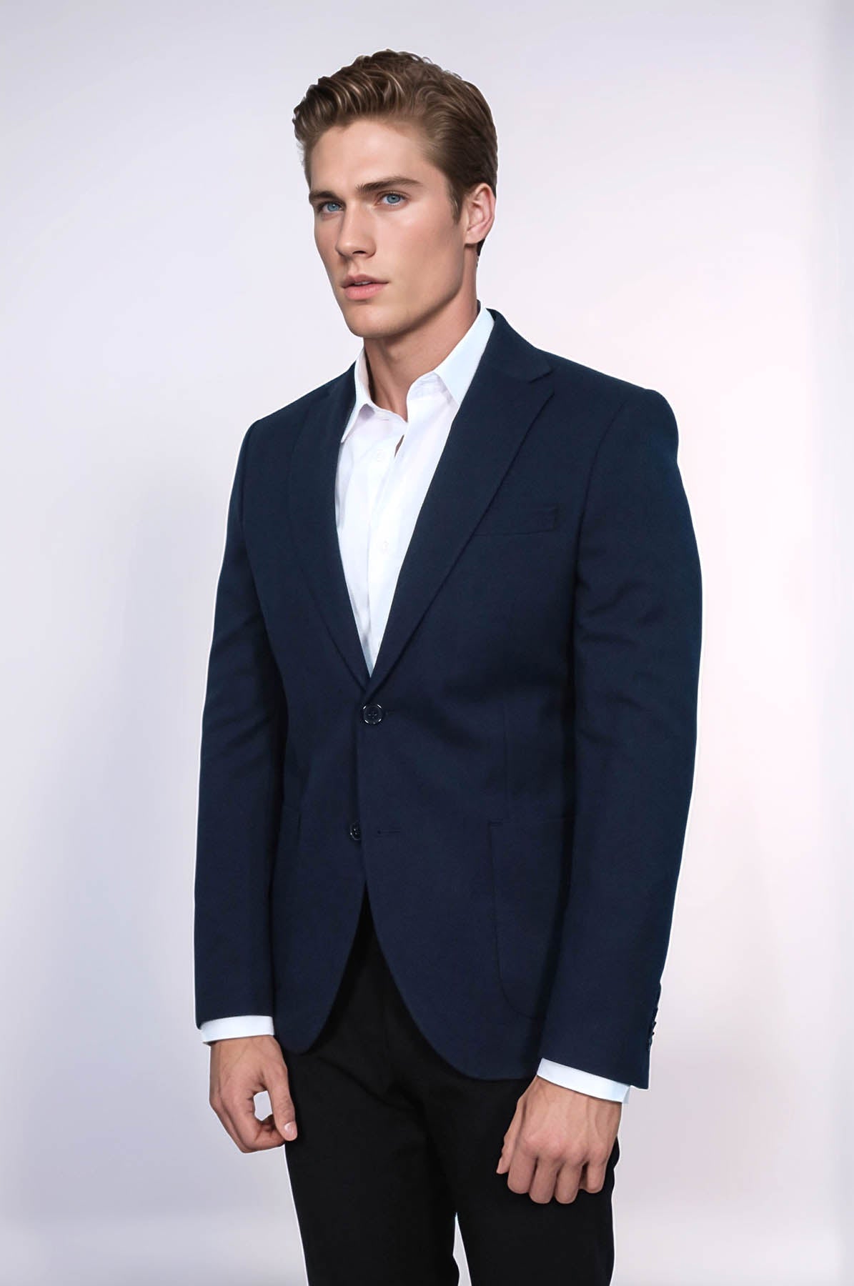 Textured Slim Fit Notch Lapel Navy Blue Men Blazer