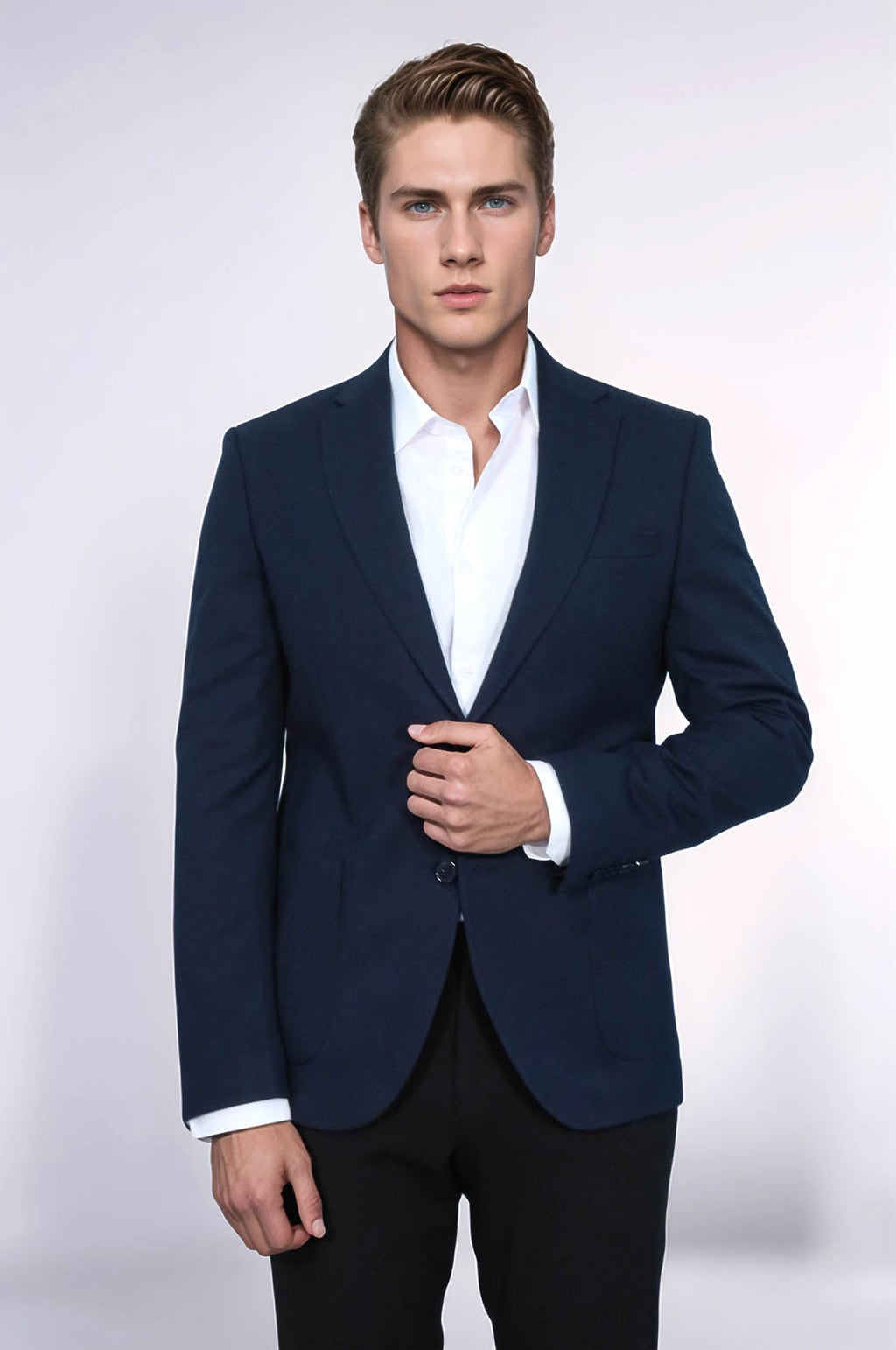 Textured Slim Fit Notch Lapel Navy Blue Men Blazer
