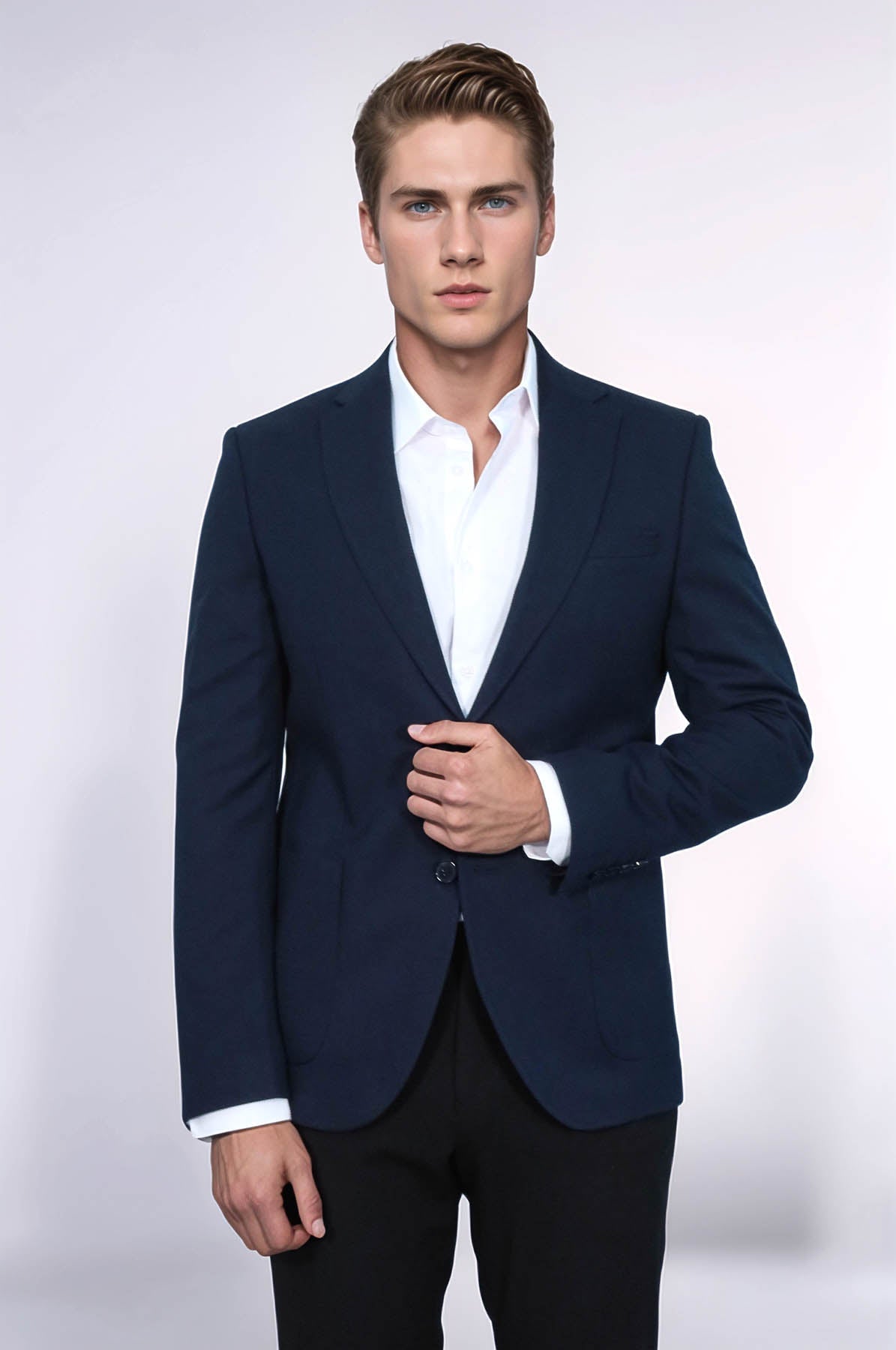 Textured Slim Fit Notch Lapel Navy Blue Men Blazer