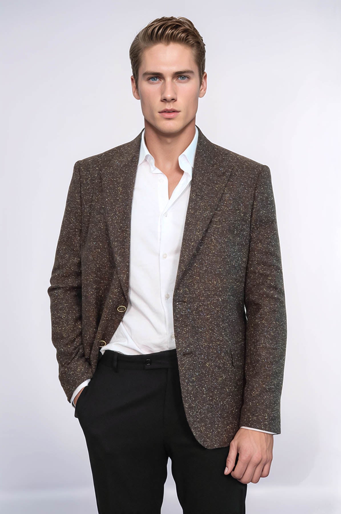 Houndstooth Pattern Wool Brown Men Blazer