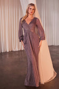 Long-Sleeve Metallic Draped Sheath Gown