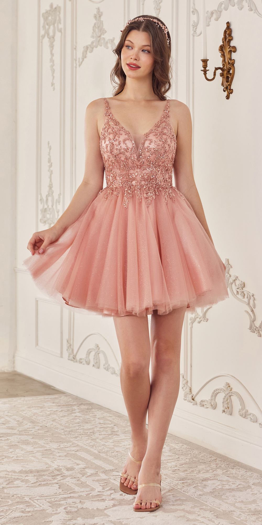 Rose-pink beaded A-line layered tulle short dress with V-neck and thin straps