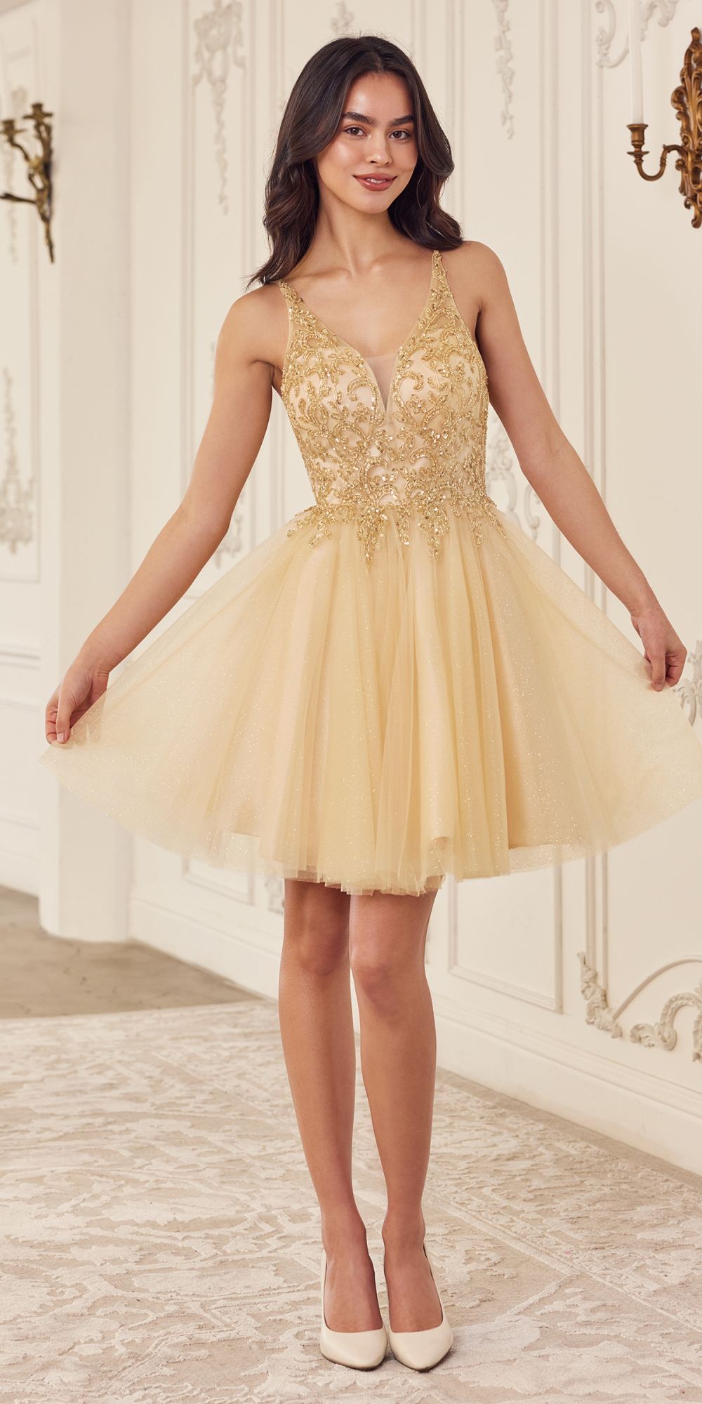 Champagne beaded A-line layered tulle short dress with V-neck and thin straps
