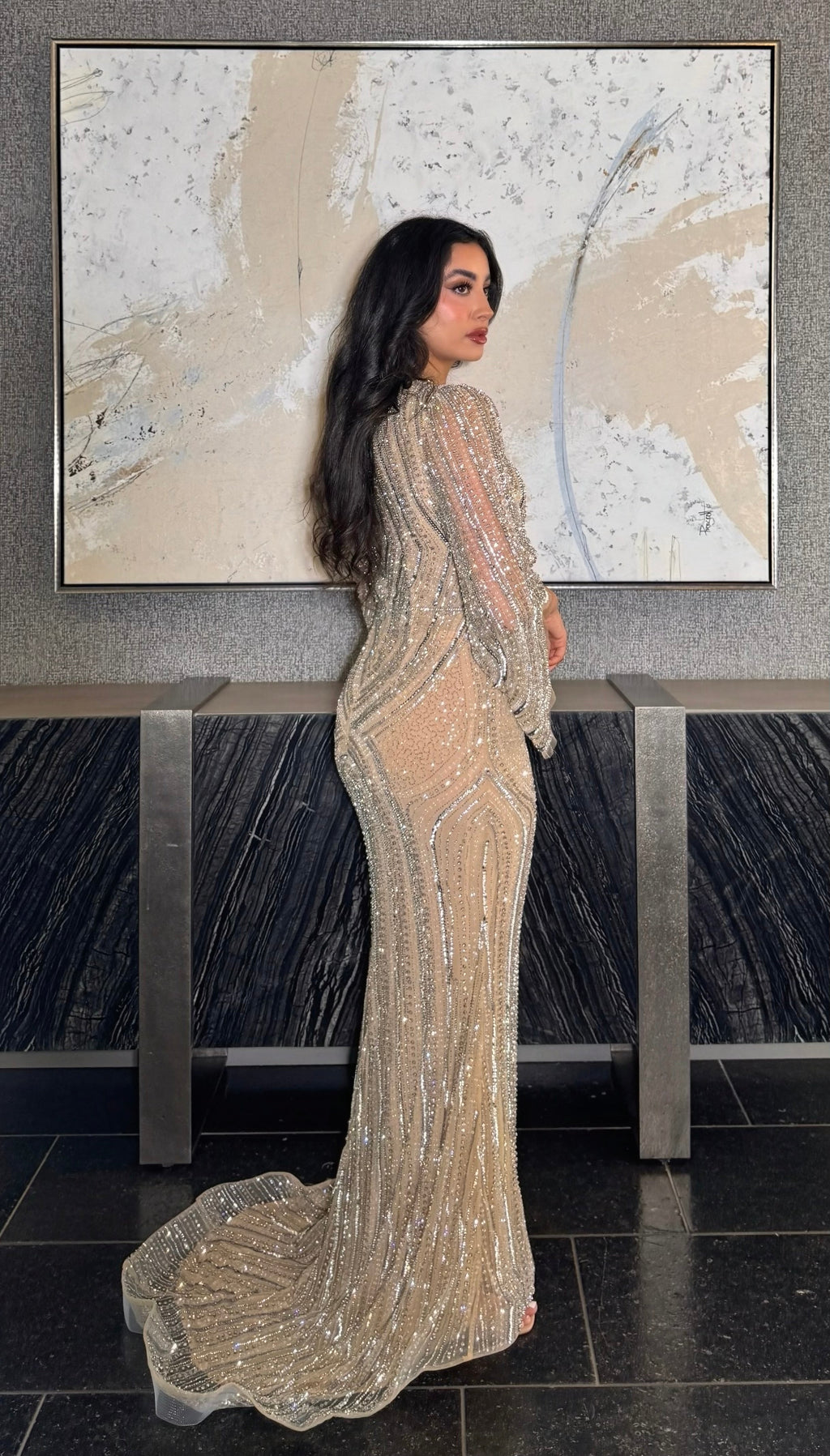 Anisa Modest Long Flare Wrist Sleeve Beaded Mermaid Gown