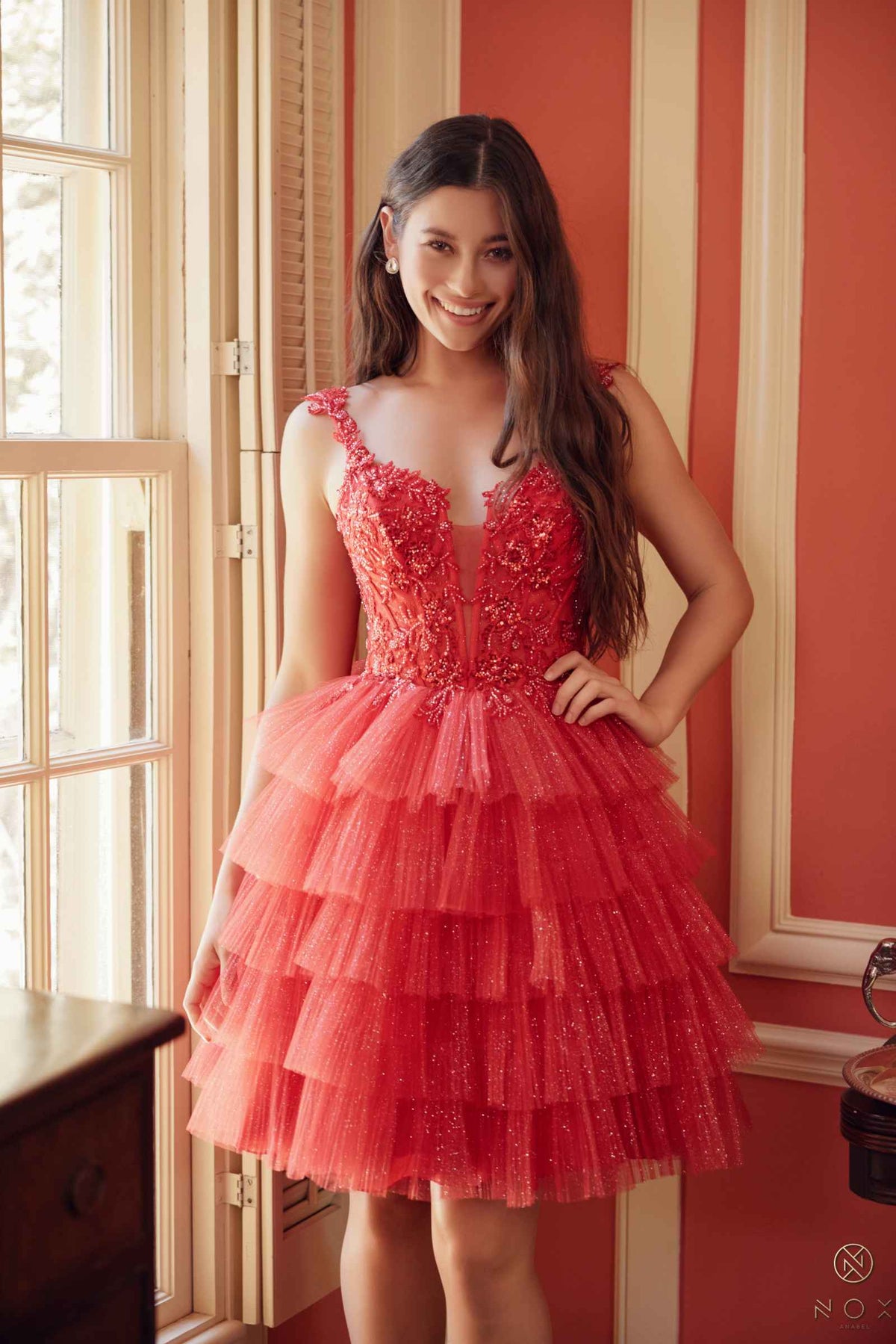 Nox Anabel E904 Short Tiered Ruffled A-Line Gown