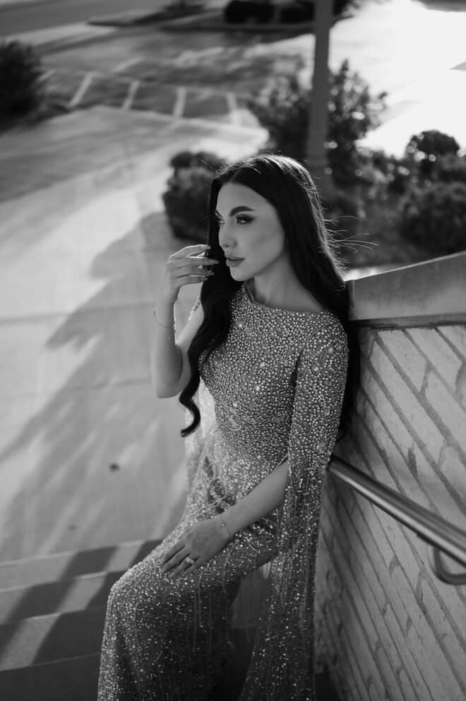 Aleya Drape Cape Sleeve Beaded Dress