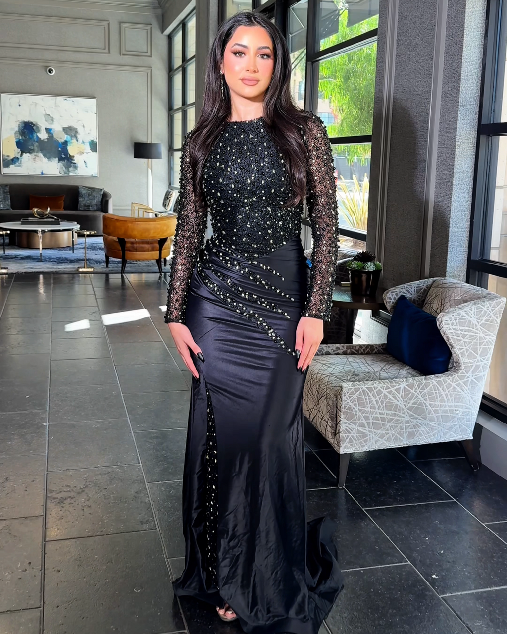 Isra Long Sleeve Sequin Embellished Jersey Modest Dress