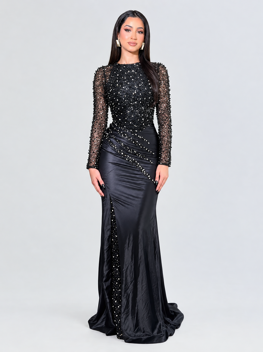 Isra Long Sleeve Sequin Embellished Jersey Modest Dress