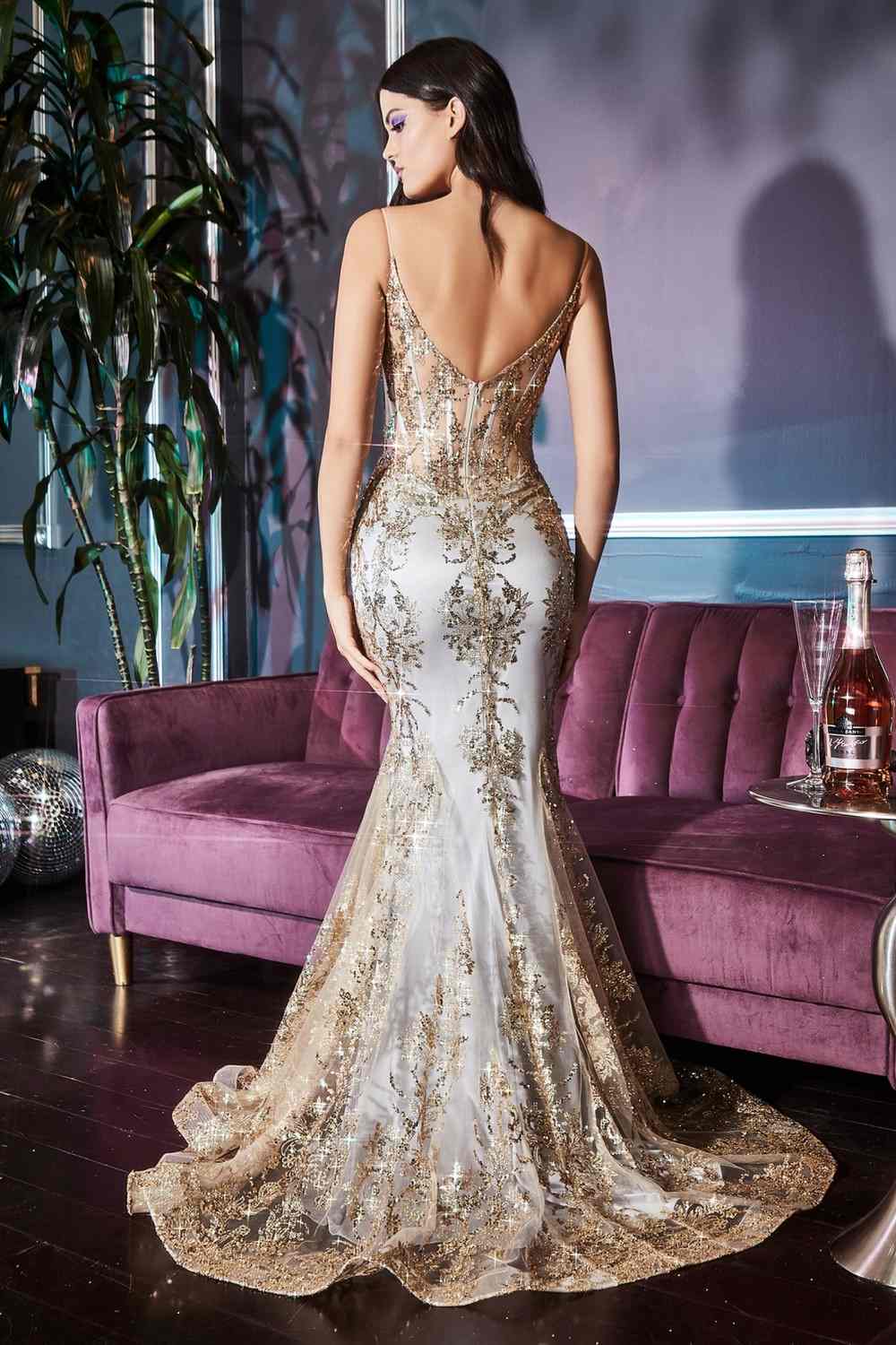 Metallic Embroidered Lace Mermaid Gown