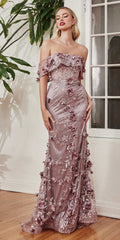 Mauve long fitted off-the-shoulder gown with floral lace and side slit