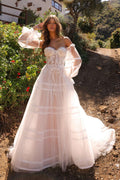Nox Anabel JE1001L Long Puff Sleeve Strapless Corset A-Line Bridal Gown