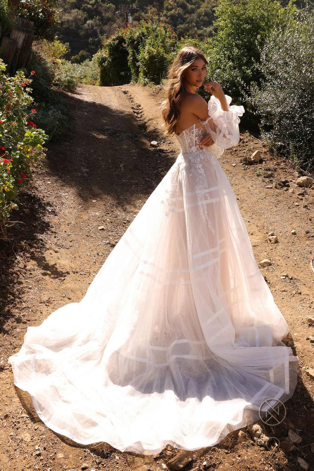Nox Anabel JE1001L Long Puff Sleeve Strapless Corset A-Line Bridal Gown