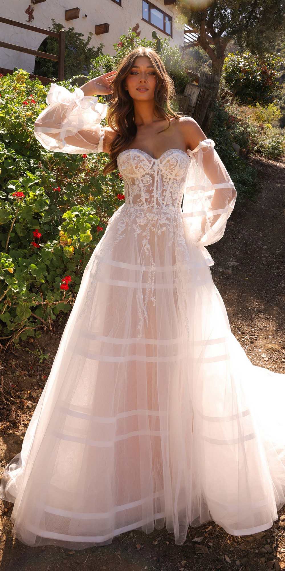 Nox Anabel JE1001L Long Puff Sleeve Strapless Corset A-Line Bridal Gown