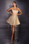 Champagne glitter fit-and-flare homecoming dress with spaghetti straps and lace bodice
