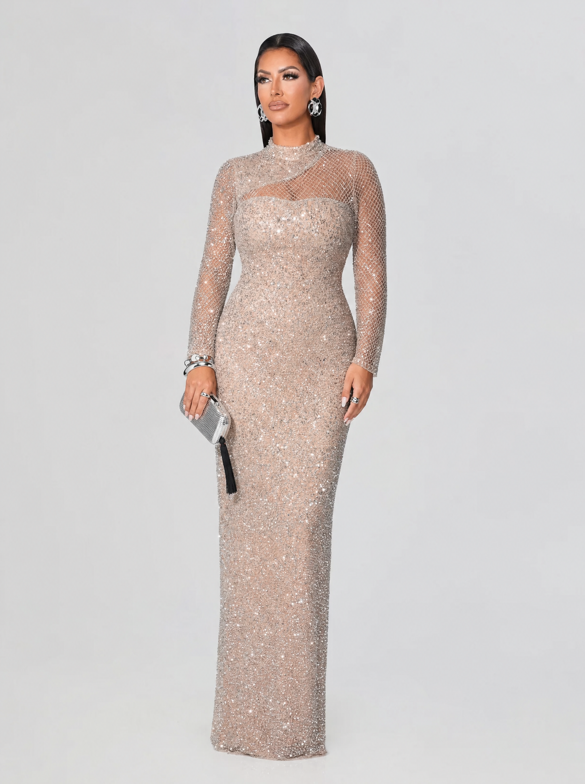 Maleka Long Sleeve Mock Neck Sequin Beaded Dress