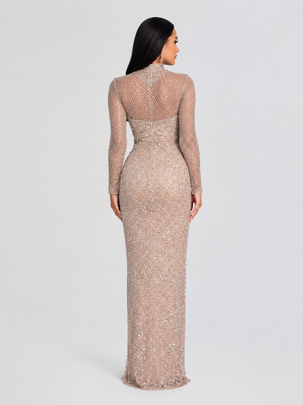 Maleka Long Sleeve Mock Neck Sequin Beaded Dress