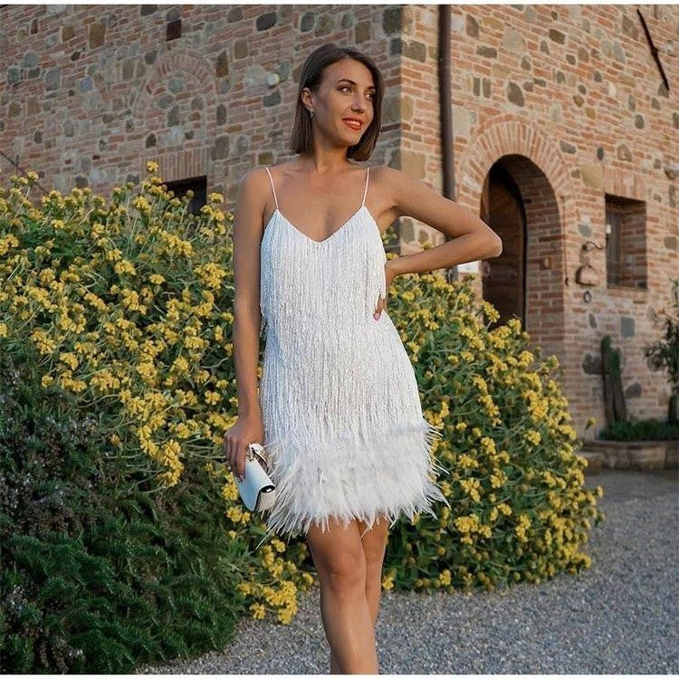 Tassel Sequ Multi Color Birthday Party Sexy V neck Strap Feather Stitching Gown Dress