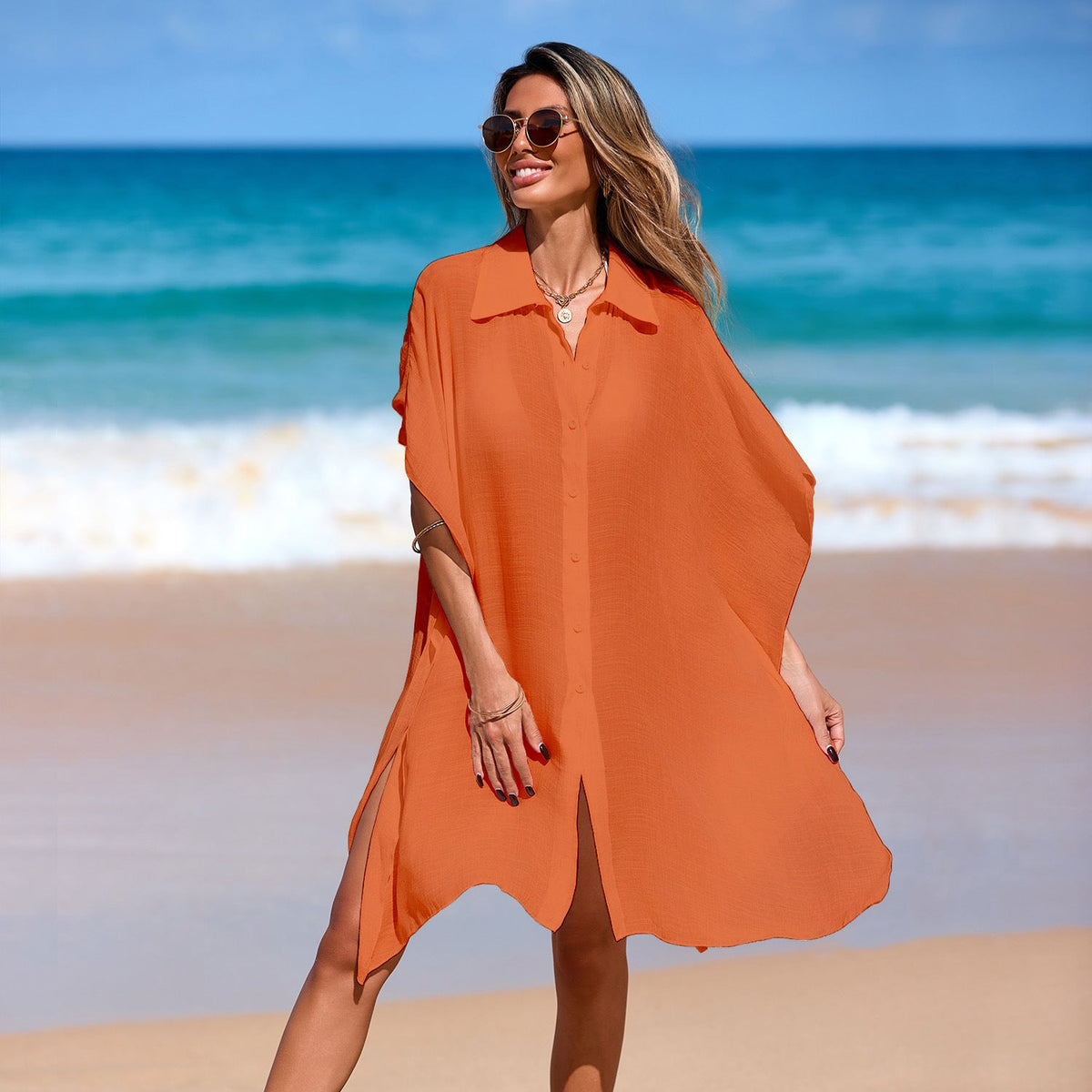 Beach Vacation Sexy Cutout Texture round Neck Backless Sun Protection Beach Cover up Dress