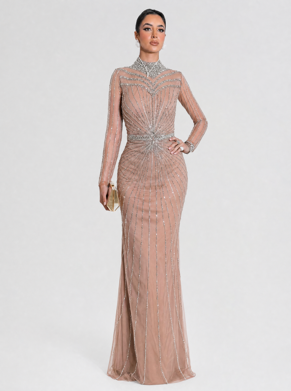 Rania Long Sleeve Beaded High Neck Dress