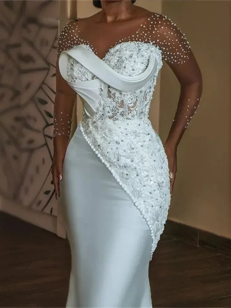 Luxury Pearls Beaded Mermaid African Wedding Dress Sheer O-neck Long Sleeves Aso Ebi Engagement Gowns Corset vestido de novia