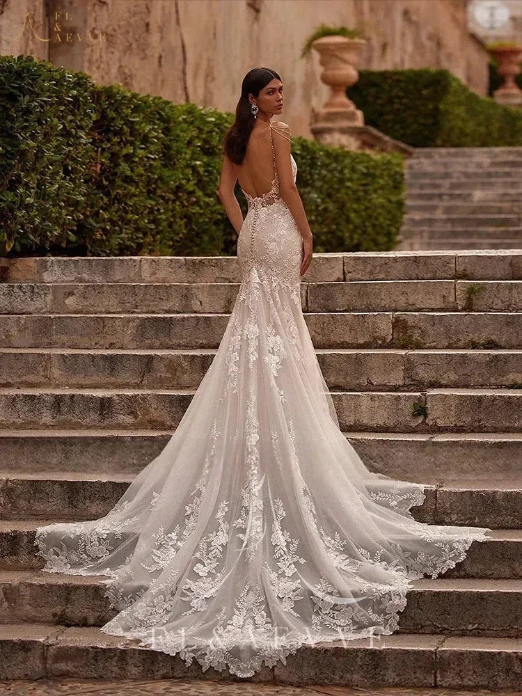 FL&AEVVE Customized Luvury Lace Wedding Dress Spaghetti Straps Beach Bridal Dresses Wedding Party Gown vestidos de novia