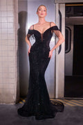 Ladivine SF209 Cold Off The Shoulder Fringe Beaded Mermaid Gown