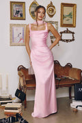 Light pink satin fitted gown with square neckline and adjustable spaghetti straps