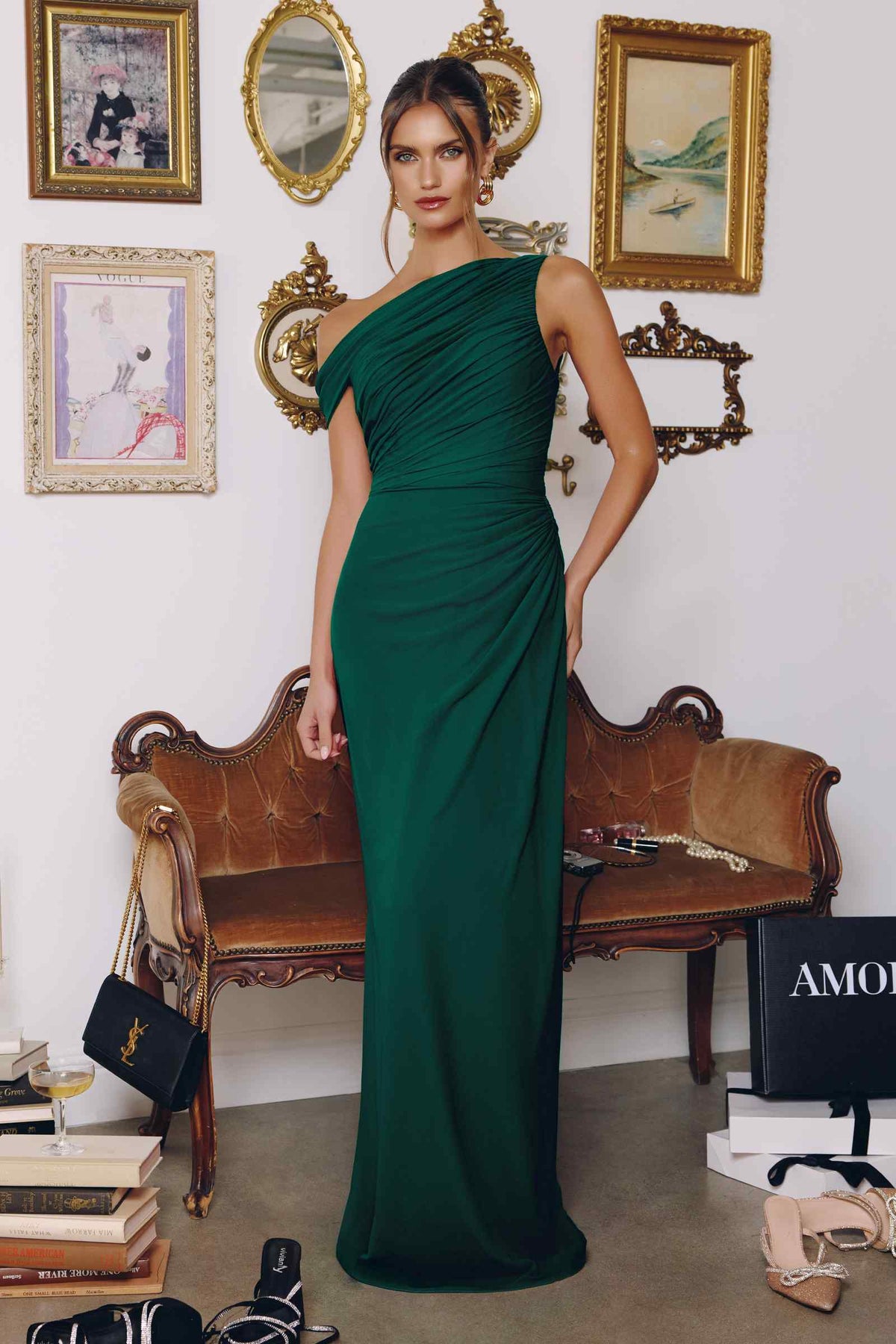 Emerald green one-shoulder chiffon formal gown with draped wrap detail and long column hem