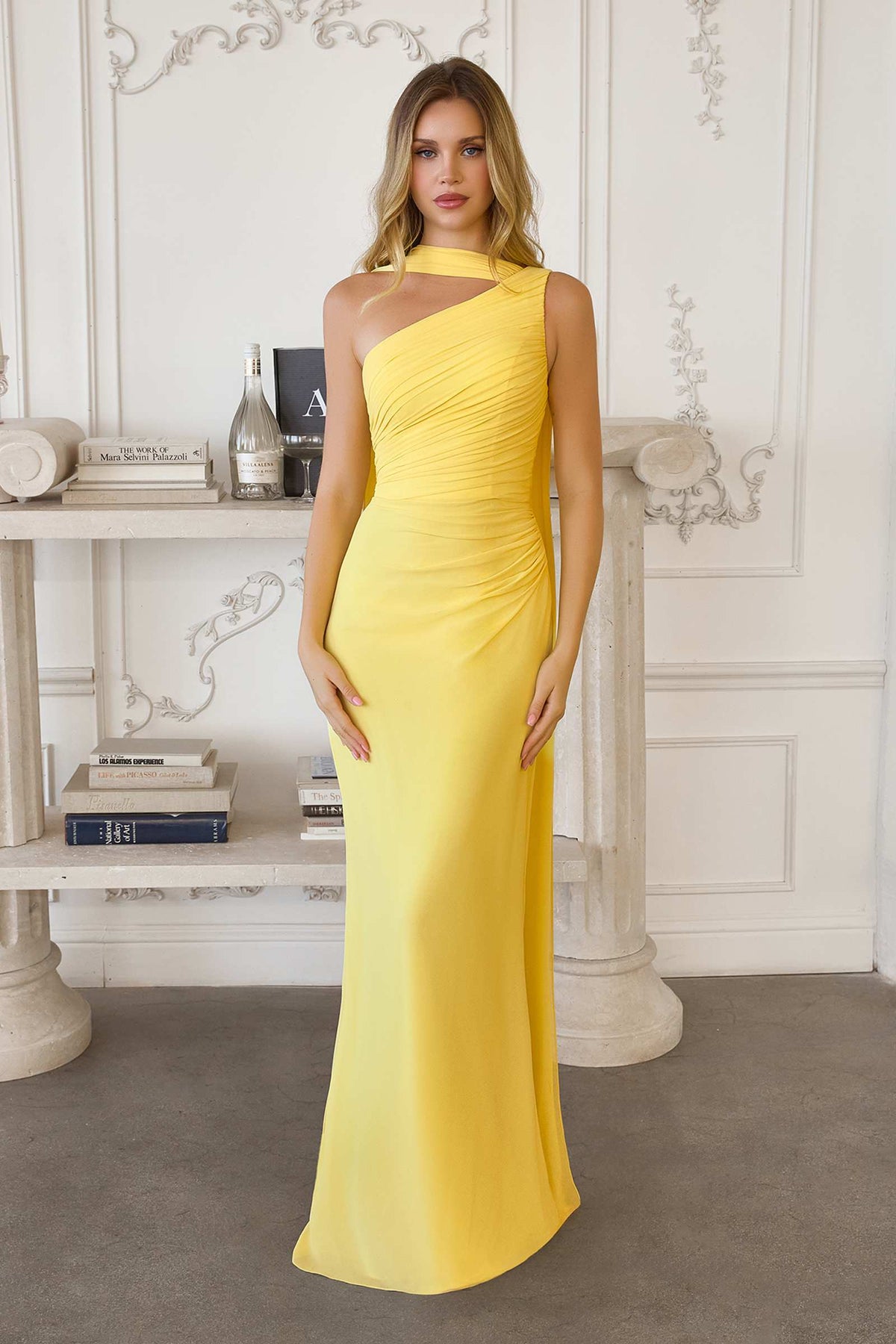 Lt yellow one-shoulder chiffon formal gown with gathered diagonal neckline and long fitted skirt