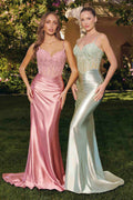 Pink and mint satin mermaid gowns with glitter corset bodice and thin straps