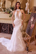 Off-white lace & tulle wedding dress with open-back lace, short sleeves, long train