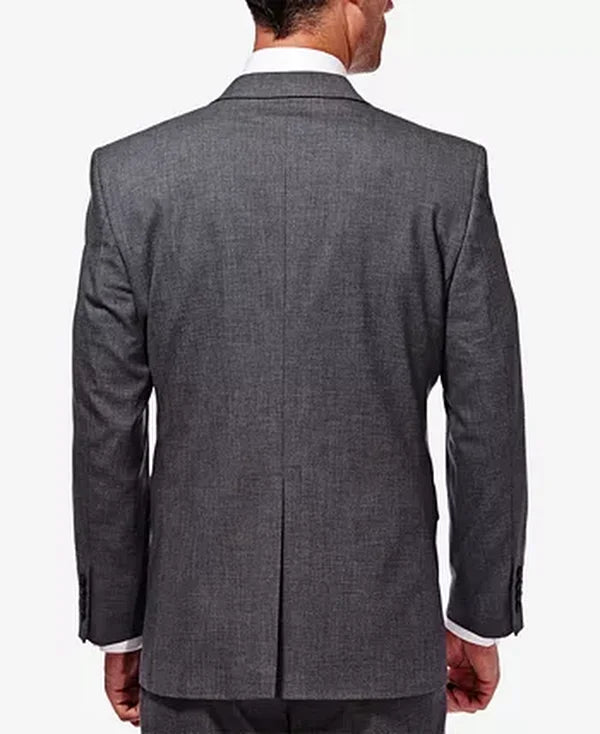Men’s dark gray suit jacket back view with center seam and center vent