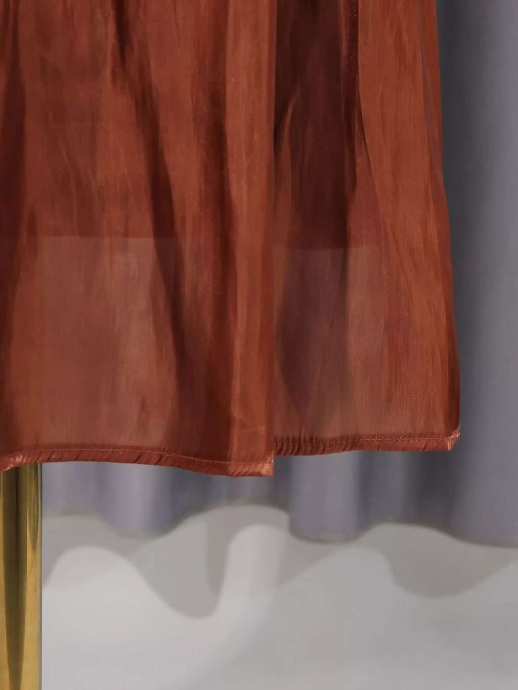 Rust satin maxi dress hem with gathered skirt fall