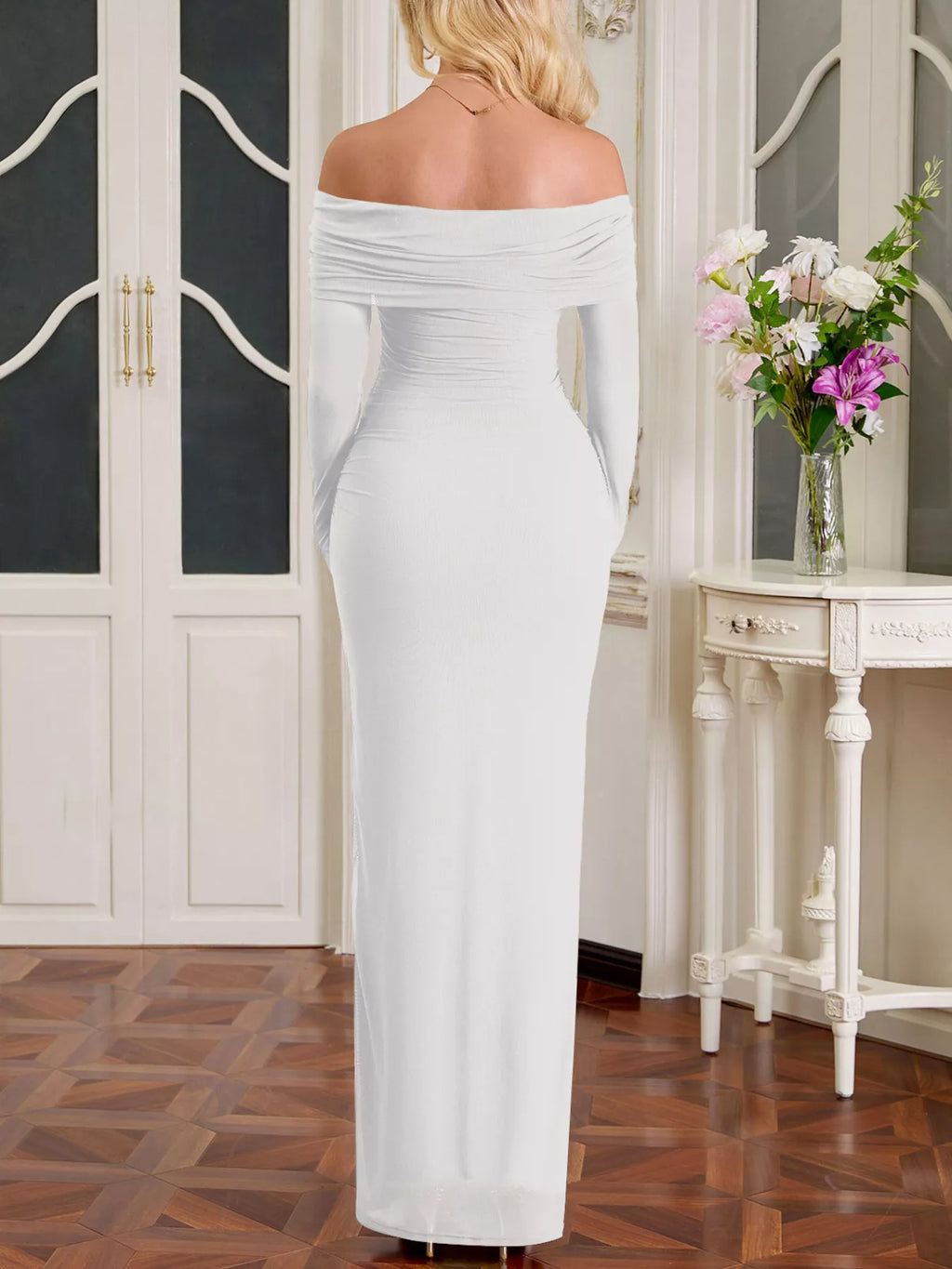 White off-shoulder ruched maxi dress with square draped neckline and sleeveless shoulders
