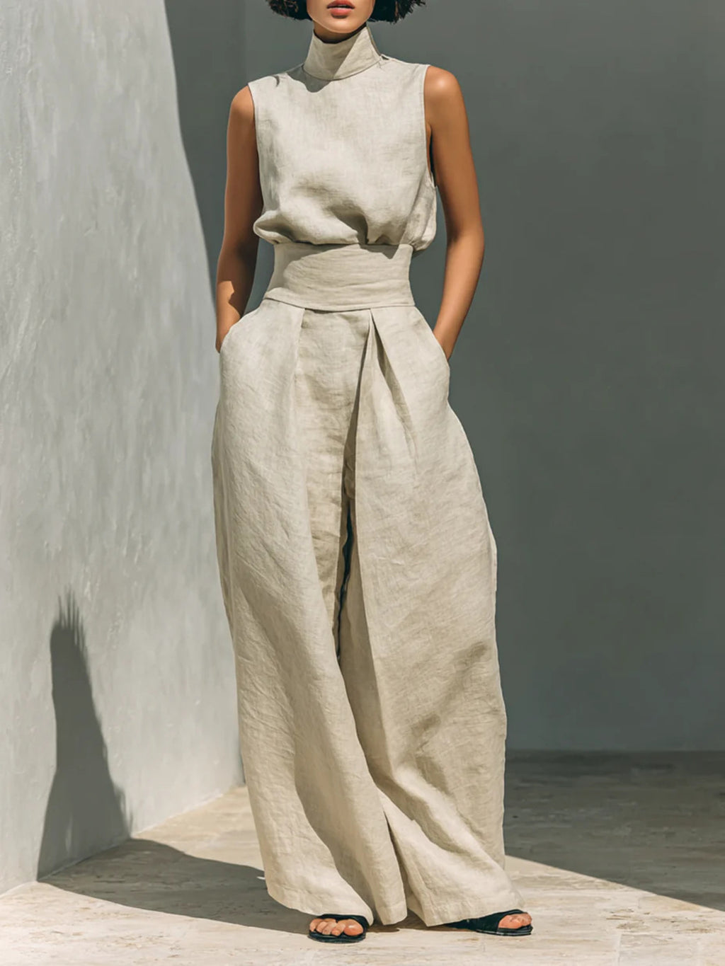 Ivory sleeveless turtleneck top and high-waist wide-leg pants set, front view