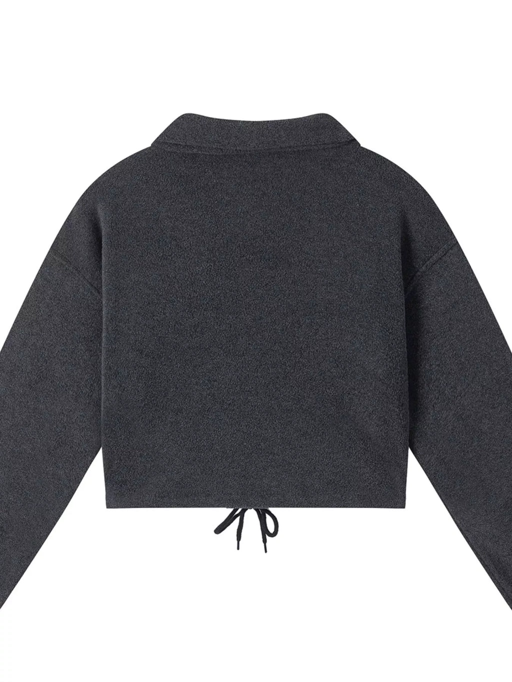 Dark gray quarter-zip sweatshirt set, back view of top with drawstring detail.