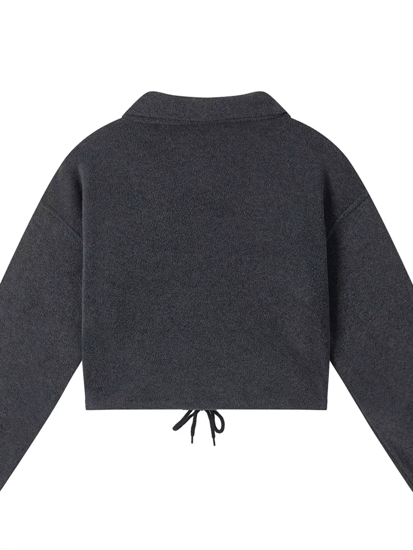 Dark gray quarter-zip sweatshirt set, back view of top with drawstring detail.