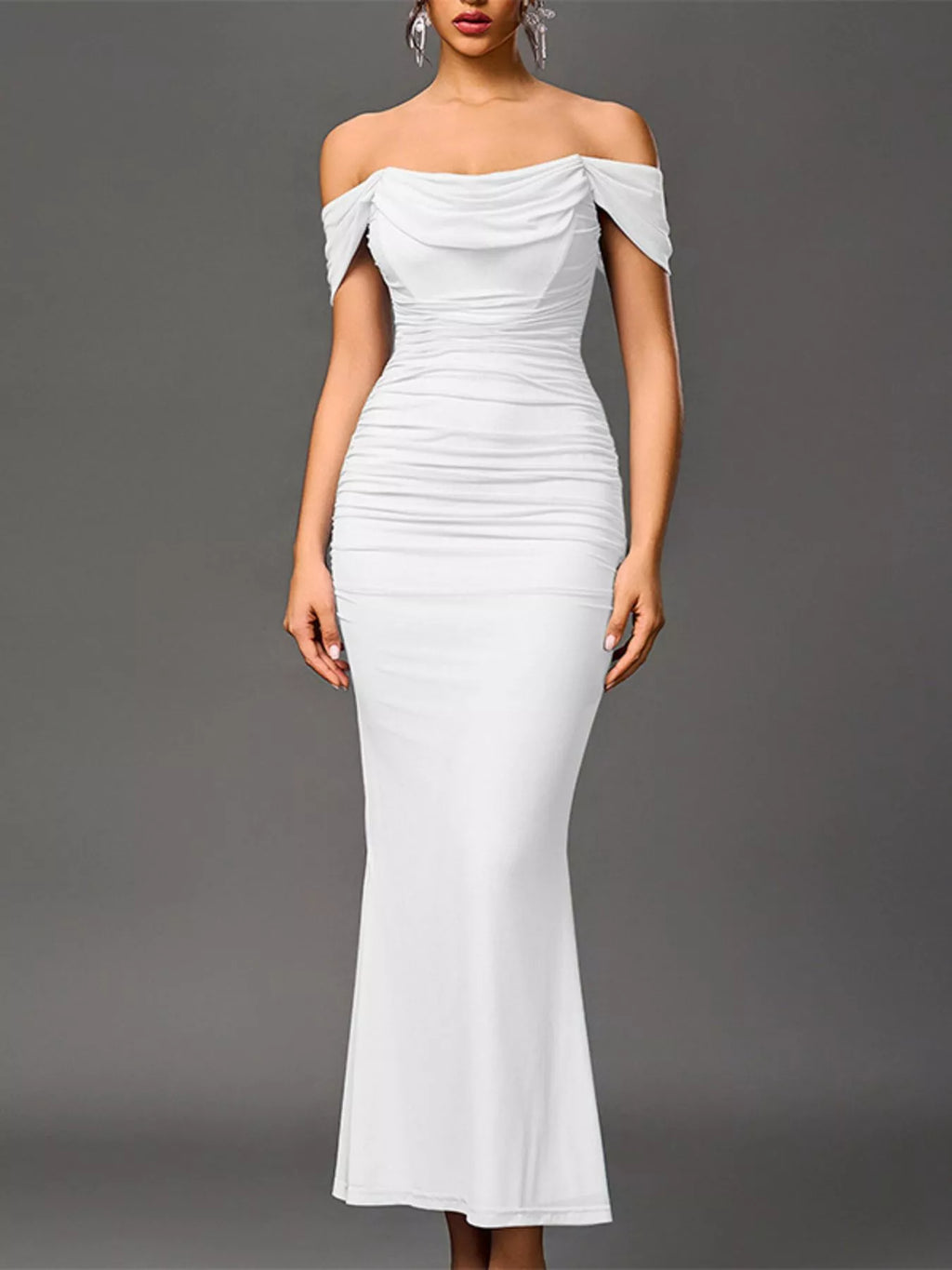 White off-shoulder ruched mermaid maxi dress with textured ruching down the body