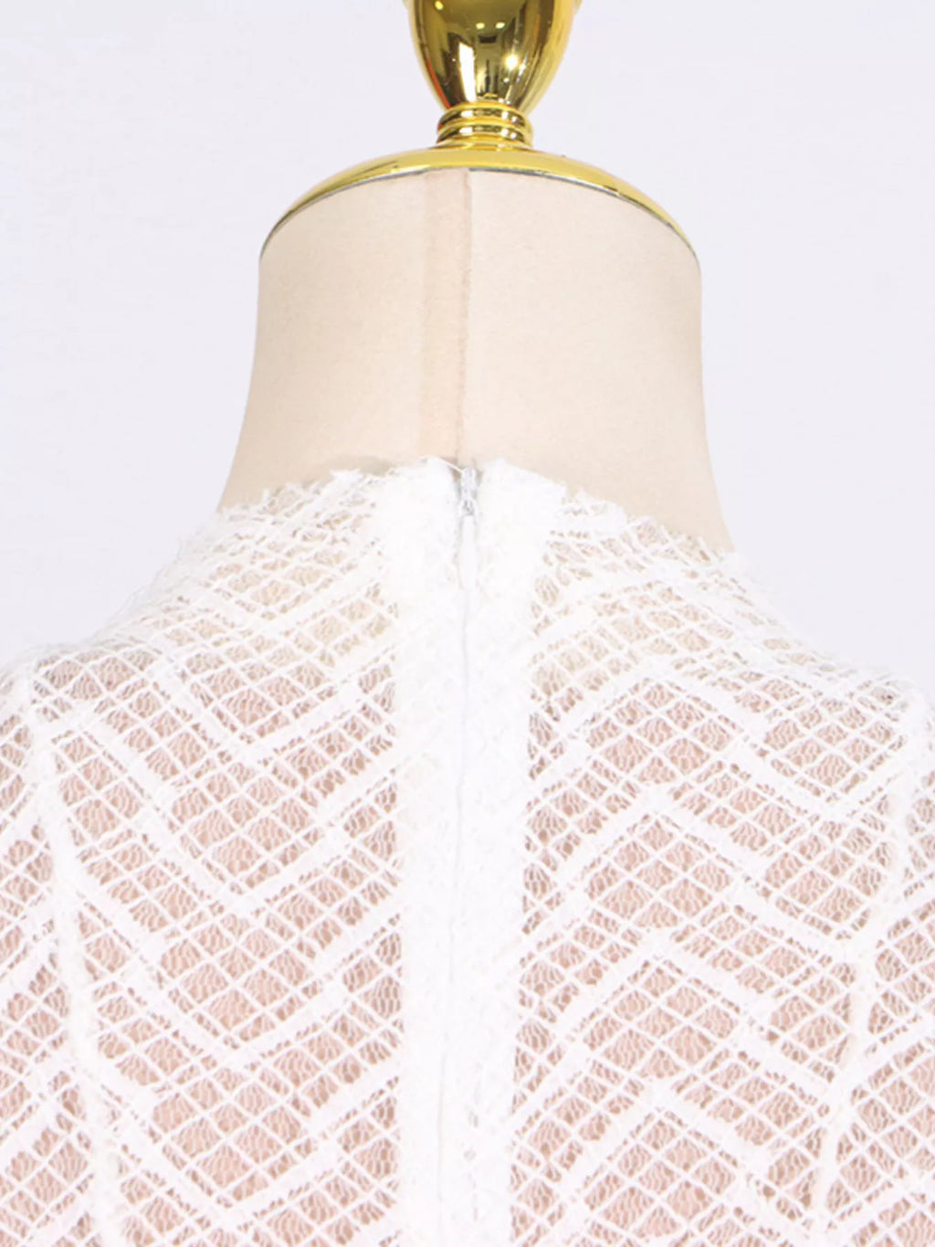 White lace long-sleeve maxi dress with mock neck, sheer textured back detail