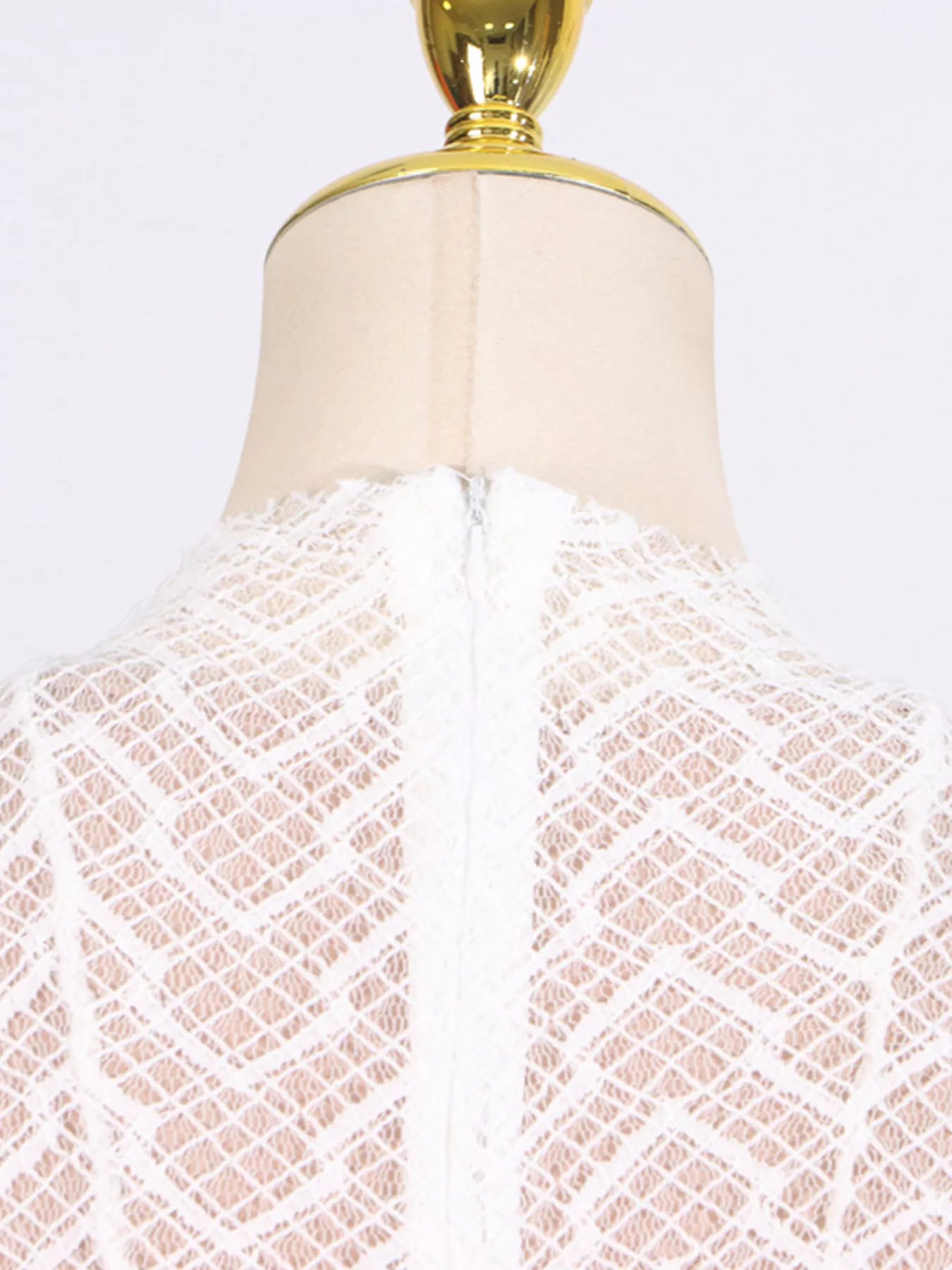 White lace long-sleeve maxi dress with mock neck, sheer textured back detail