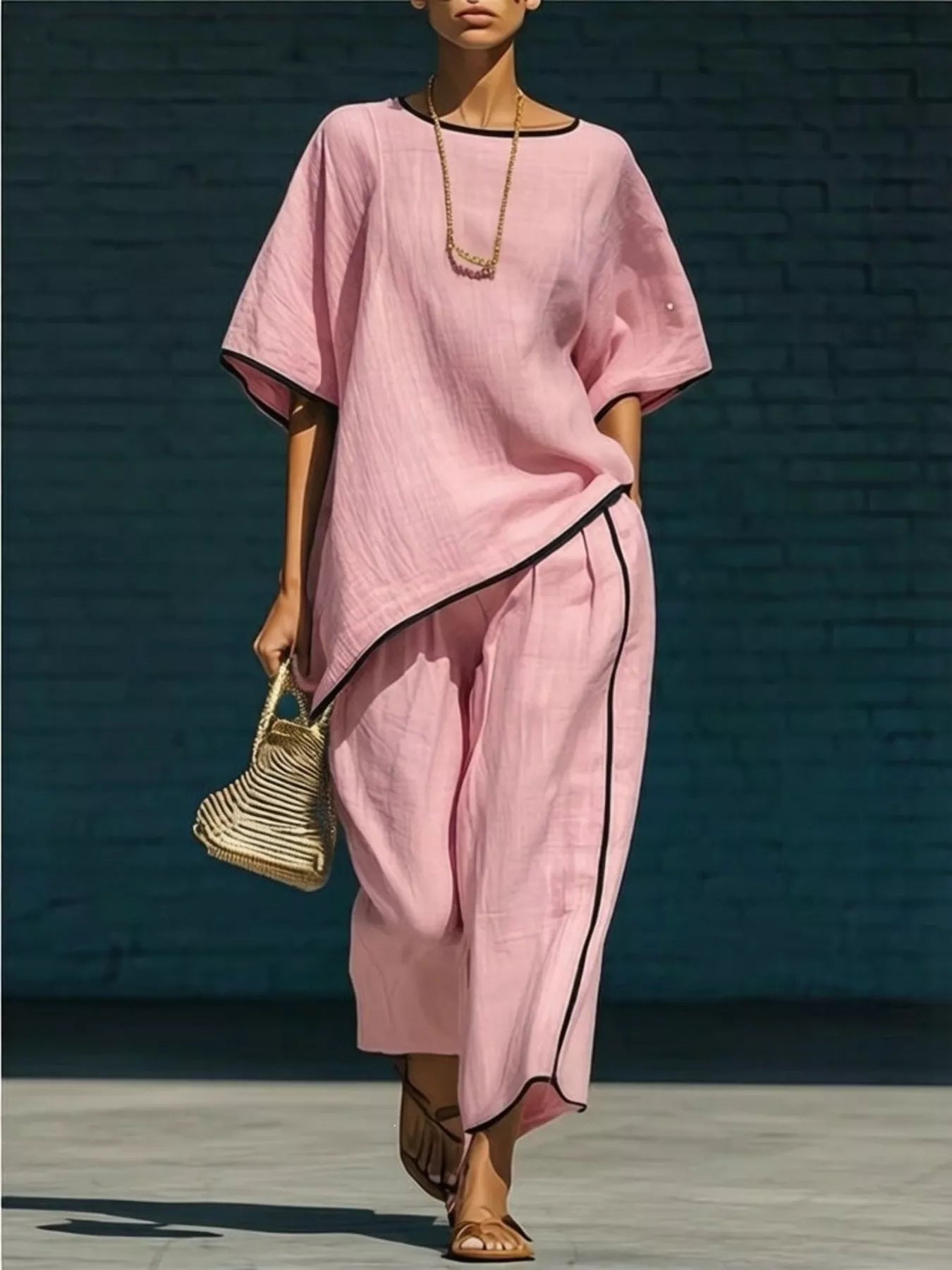 Pink round-neck top and matching pants set with black contrast trim along edges