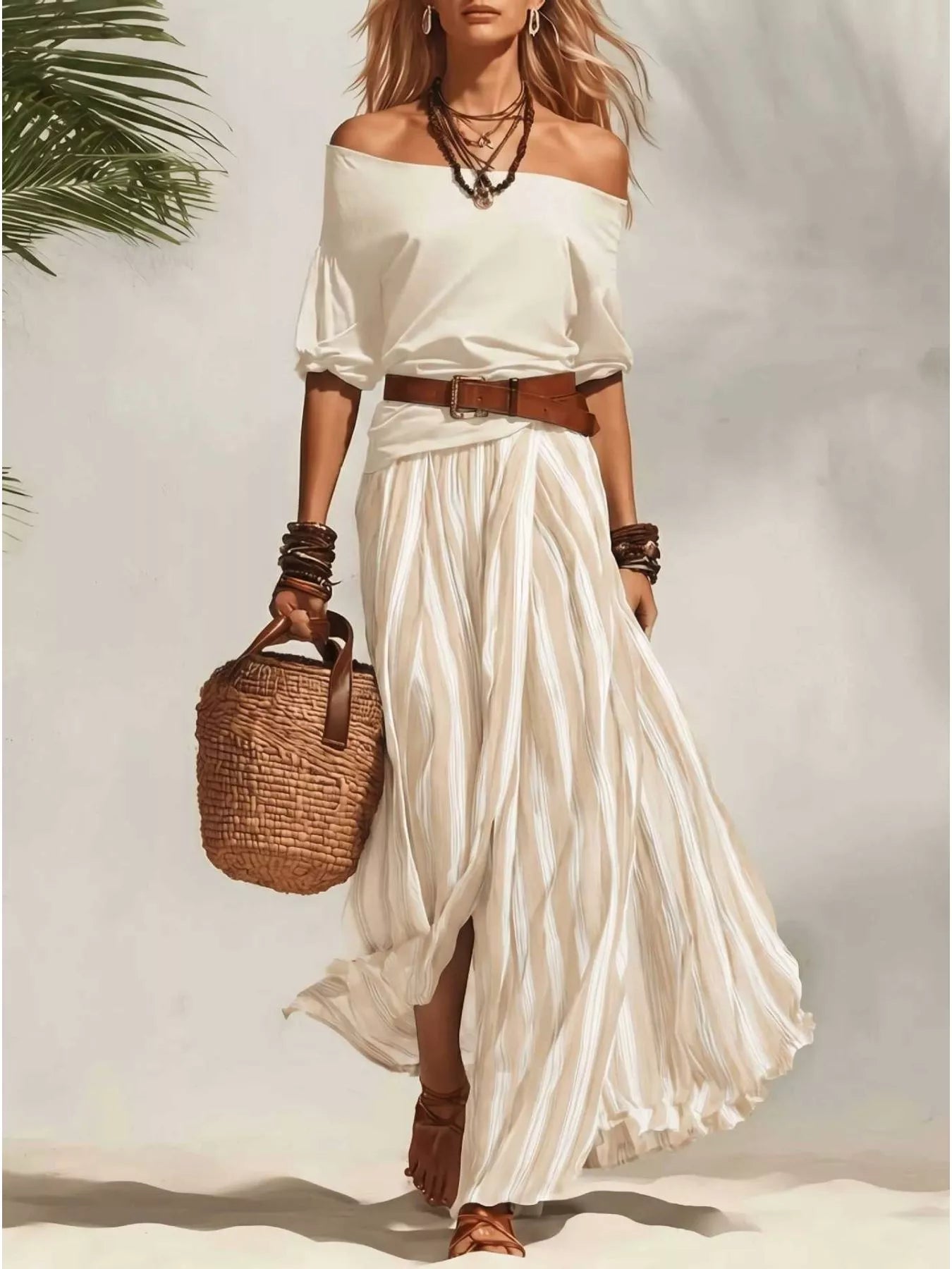 Ivory off-shoulder top with ivory-and-white striped maxi skirt, belted waist