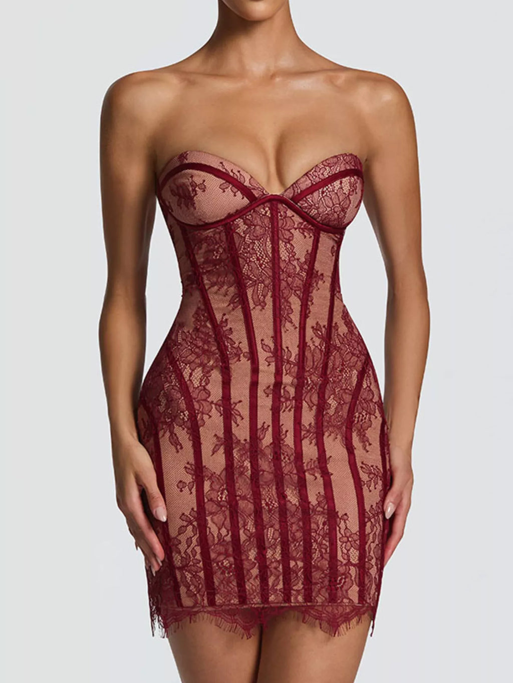 Burgundy lace detail tube mini dress, front view with off-shoulder sweetheart bust