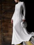 White lace mock-neck long-sleeve maxi dress with textured geometric pattern