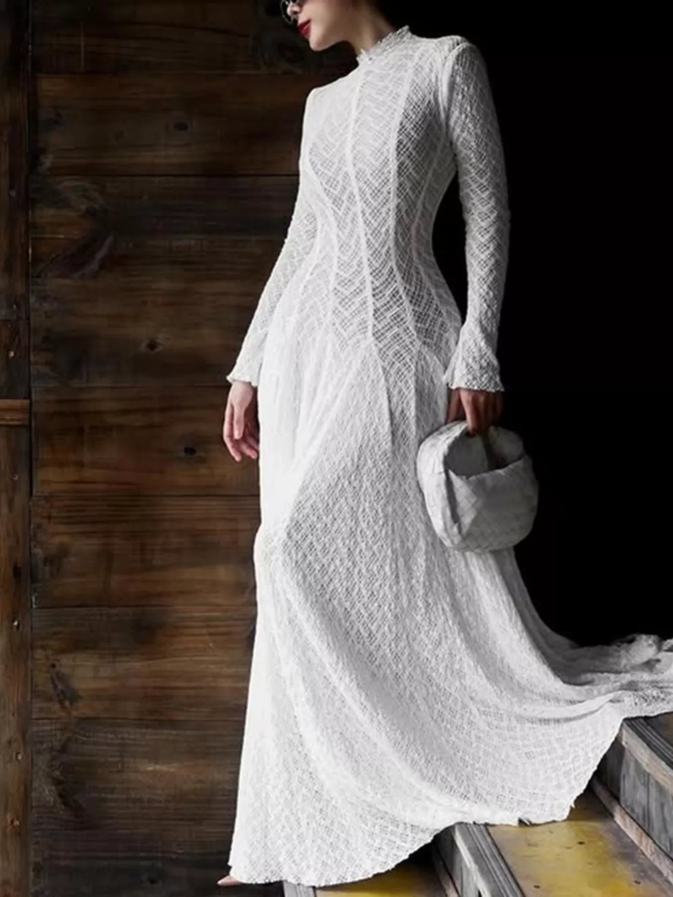White lace mock-neck long-sleeve maxi dress with textured geometric pattern