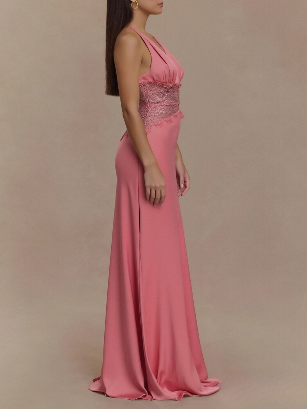 Fuchsia halter neck maxi dress with lace yoke and draped floor-length skirt