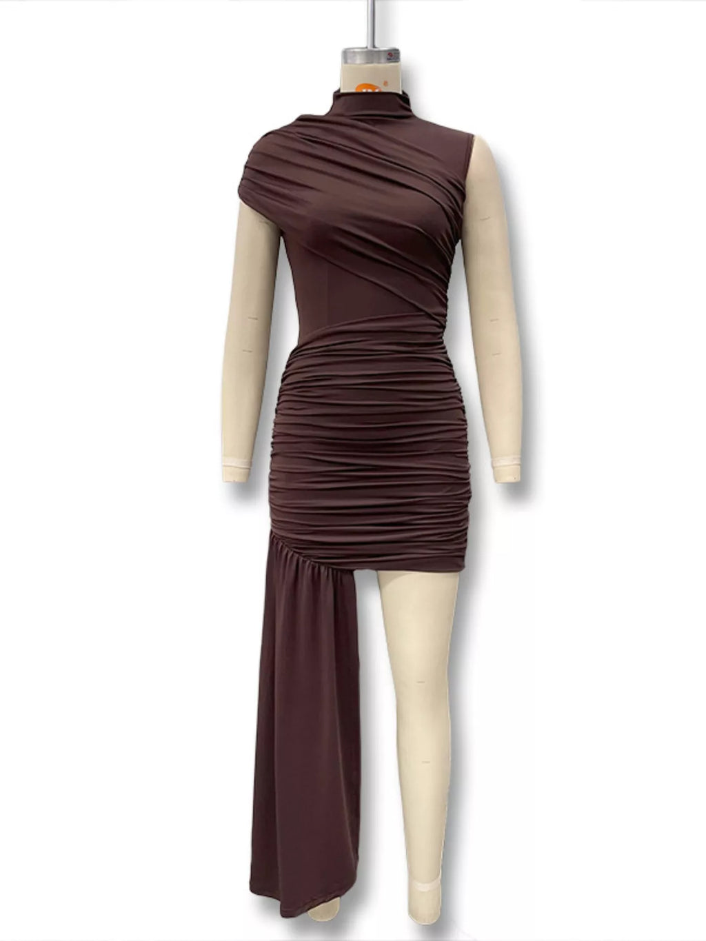 Dark brown ruched mock neck dress with side drape and asymmetrical skirt panel