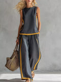 Plus size sleeveless top and wide-leg pants set, dark gray with mustard contrast trim