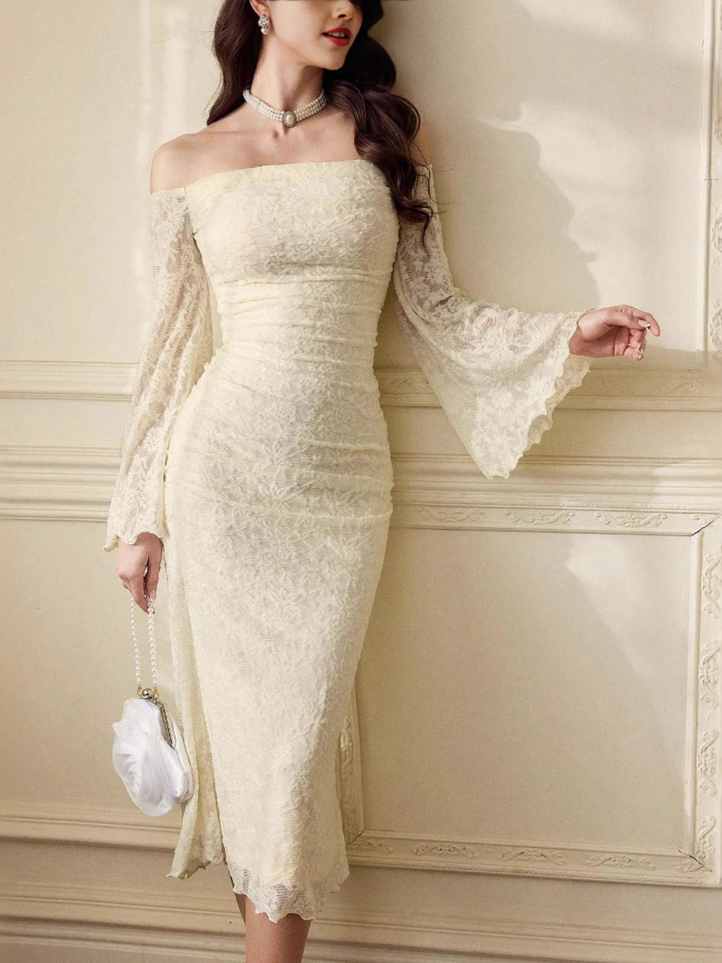 Cream off-shoulder fitted midi dress with long lace flare sleeves and scalloped hem