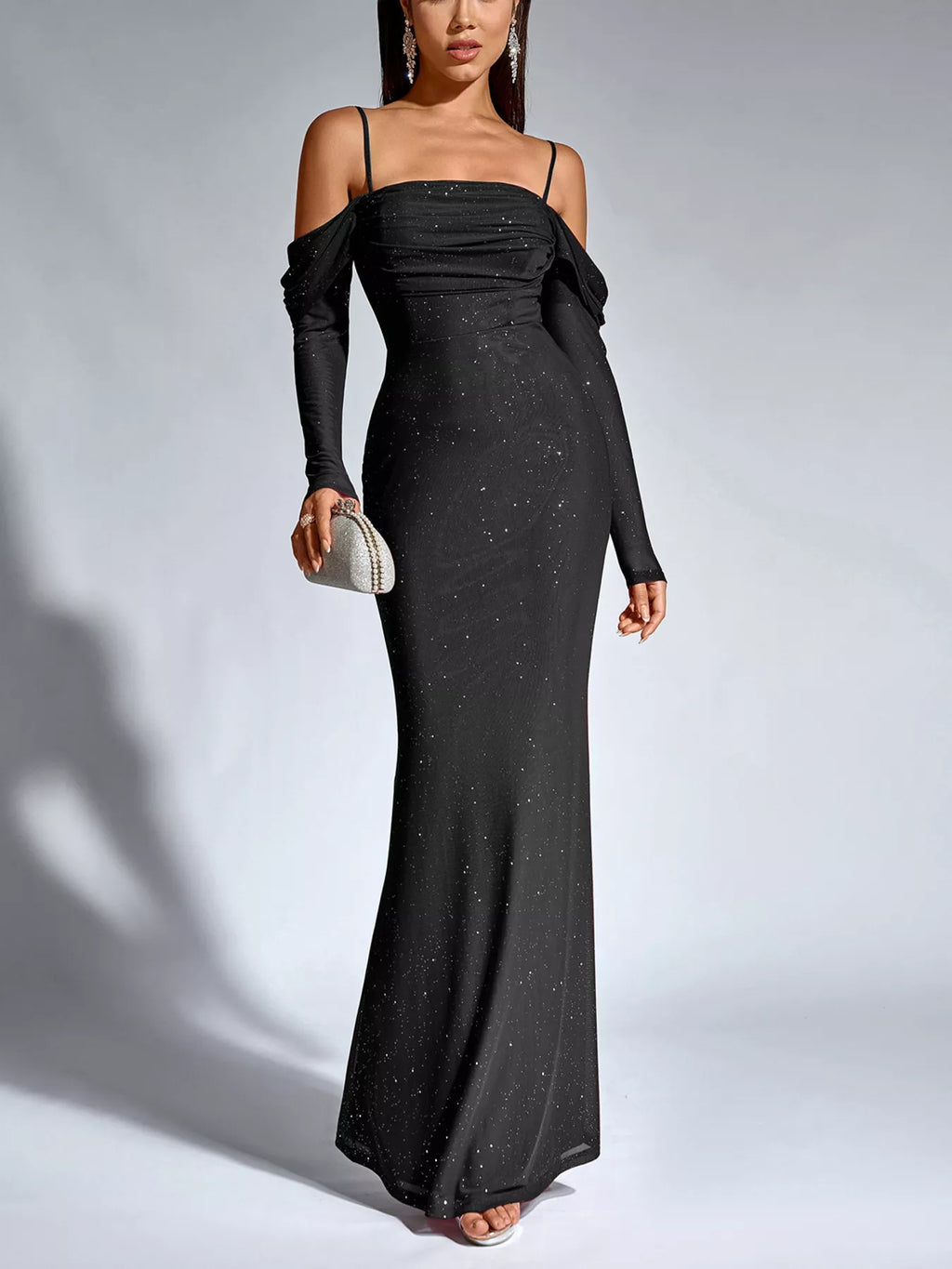 Black glitter mermaid maxi dress with off-shoulder straps, long sleeves, ruched waist